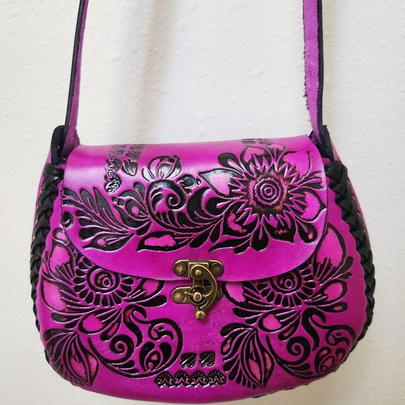 Hand Crafted Handbags - Pink Floral Hand Tooled Leather Purse